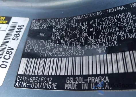 2009 Toyota Sienna Le из США, поврежденный, VIN 5TDZK23C99S274293